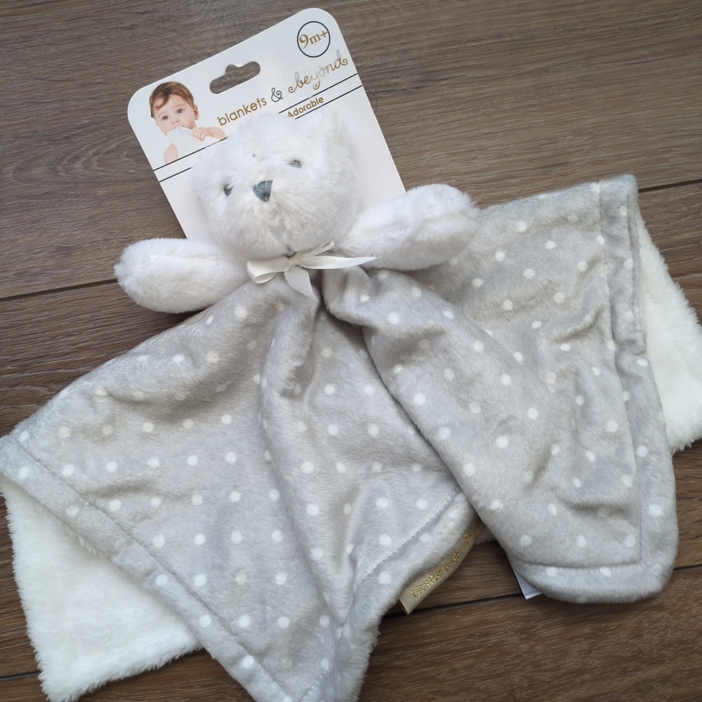 Blankets & Beyond White Teddy Bear Gray Polka Dots Lovey Baby Security Blanket